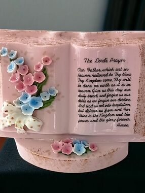 Norcrest Lords Prayer Planter Vase Porcelain Hand Painted Pink Vtg Wall Pocket